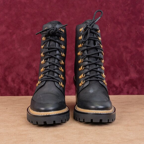 Tory Burch Women Black Leather Miller Lace up Dress Lug Sole Boots size 7 - Picture 2 of 9